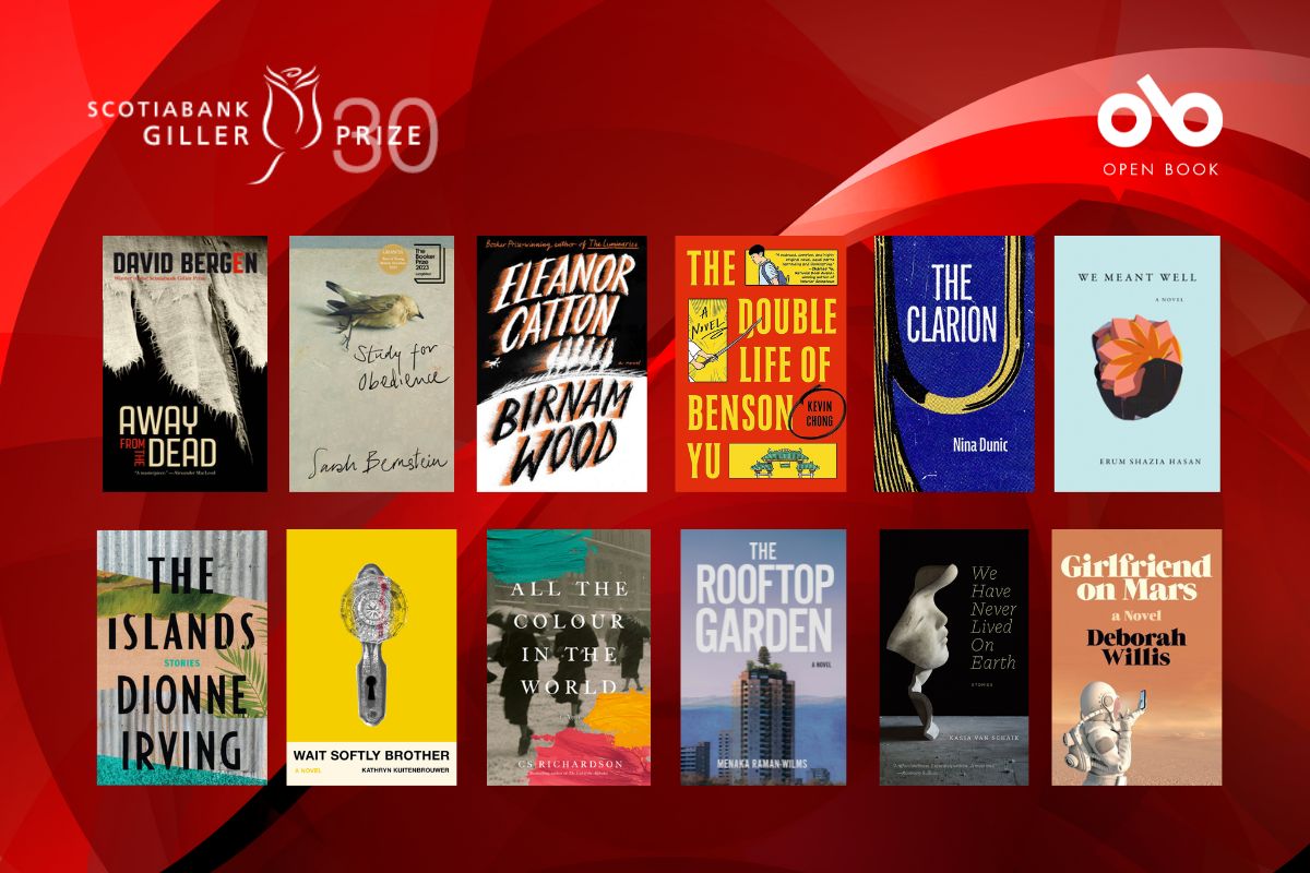 Red rectangular image with the 12 books nominated for the 2023 Scotiabank Giller Prize pictured. Giller Prize logo top left, Open Book logo top right