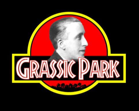 The Scottish author Lewis Grassic Gibbon (1901-1935) is rendered in profile in the "Jurassic Park" logo where normally a dinosaur would be. The font and design elements are the same as those of the Jurassic Park logo, but the text in this case reads "Grassic Park."
