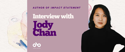 Interview with Jody Chan. Image of grey middle background with text overlaid and Open Book logo, all backgrounded by white with abstract sketches of pots and fishes in it, and author photo to the right of the image.