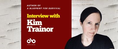 Interview with Kim Trainor banner, text on red background with author photo at centre right of banner, image of birch tree brak on either side