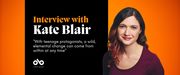 Black and orange banner image with photo of author Kate Blair and text reading "interview with Kate Blair. With teenage protagonists, a wild, elemental change can come from within at any time". Open Book logo bottom left