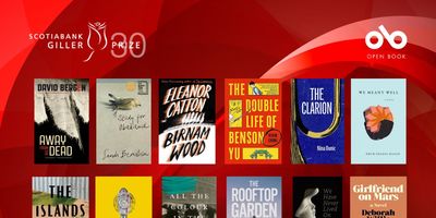 Red rectangular image with the 12 books nominated for the 2023 Scotiabank Giller prize pictured. Giller Prize logo top left, Open Book logo top right.