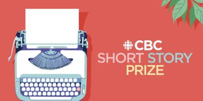 CBC Short Story Prize - Graphic of typewriter and at left over pink background with text and CBC logo to right of banner with leaves above.