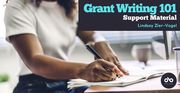 Grant Writing 101: Support Material by Lindsay Zier-Vogel banner. Background image of woman with long, dark hair in white t-shirt and jeans sitting at desk and writing in notebook with natural light falling around her. Solid dark-blue section to upper right corner of banner with text overlaid, and dark-blue circular area to lower right with Open Book logo overlaid.