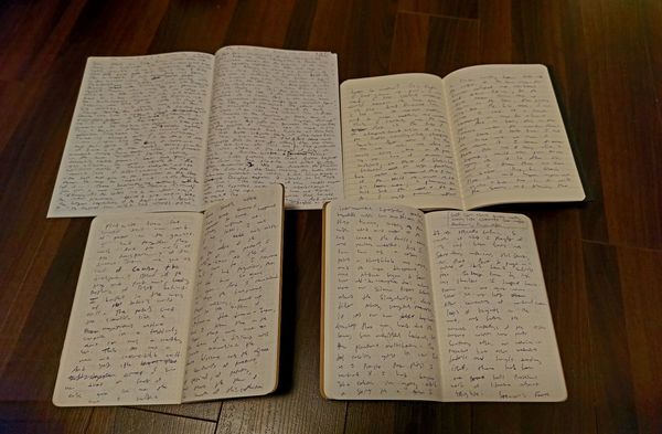 The author's original notebooks used in the composition of Falling Hour