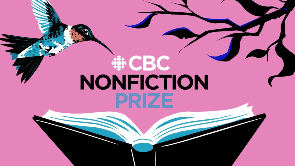 Graphic illustration for the CBC Nonfiction Prize. A hummingbird hovers on the left, facing an open book at the bottom of the image. Dark tree branches with blue leaves extend from the right. The background is bright pink, and the words “CBC Nonfiction Prize” appear in bold text at the center.