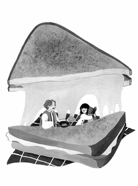 An illustration from Take a Breath, Olive Tran by Phuong Truong, illustrated by Christine Wei. The image shows a girl and her grandmother smiling together inside a giant grilled cheese sandwich. The grandmother holds a frying pan, and the girl holds a loaf of bread, as though they are cooking within the sandwich layers. The scene is rendered in black, white, and grey tones with a playful, imaginative style.