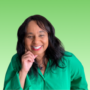 Portrait of author Andrea Coke smiling warmly in a bright green blouse against a solid green background, with her hand resting near her chin.