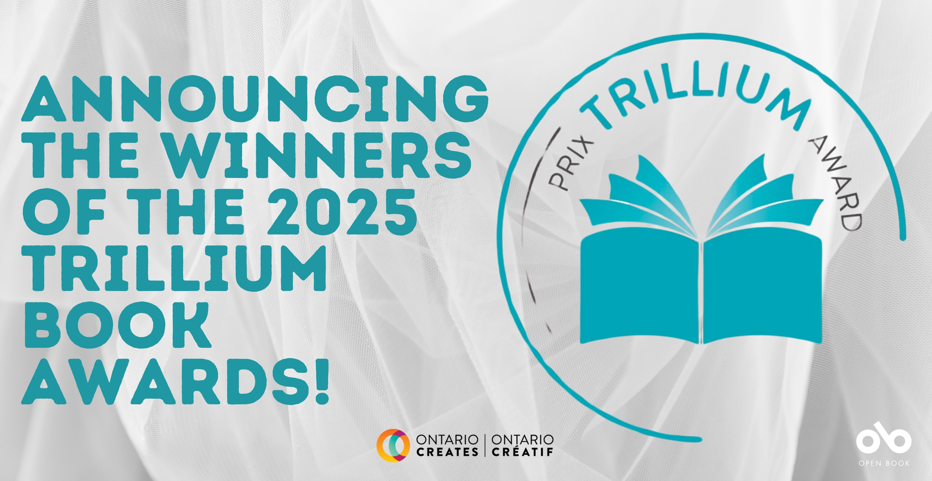 Announcing the Winners of the 2025 Trillium Book Awards! banner. Background image of flowing silver shapes and patterns over white, with periwinkle blue text to left in block letters and large Trillium Awards logo to right. Ontario Creates logo overlaid at bottom centre and Open Book logo at bottom right
