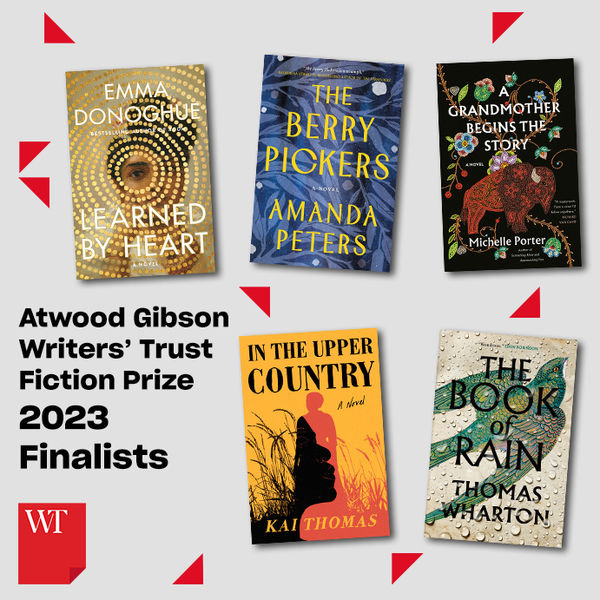 Grey image with all five Atwood Gibson 2023 nominated books pictured
