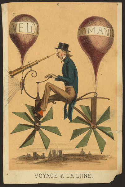 French cartoon shows a man riding on a bicycle-like flying machine while looking through a telescope attached to the front. Two balloons, "Veloc[ipedes]" and "Domanie," are attached at front and rear as are propeller-like wheels.