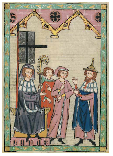 Medieval manuscript illustration showing four figures in a decorated architectural frame. On the left, a seated figure wearing a crown and blue robe appears to be a ruler or judge. Two standing figures in the center, dressed in red and pink robes, face a man on the right wearing a pointed hat and blue cloak, who gestures with one hand raised. A large black cross and ornate arches decorate the background. Medieval manuscript illustration showing four figures in a decorated architectural frame. On the left, a seated figure wearing a crown and blue robe appears to be a ruler or judge. Two standing figures in the center, dressed in red and pink robes, face a man on the right wearing a pointed hat and blue cloak, who gestures with one hand raised. A large black cross and ornate arches decorate the background.