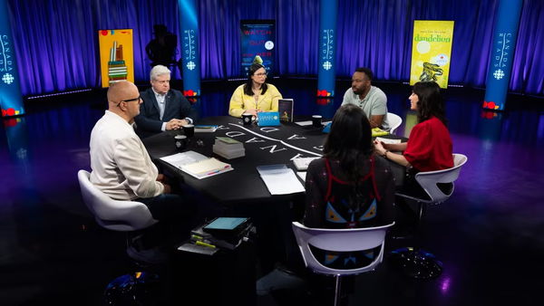 The partipants in Canada Reads 2025, host Ali Hassan, panelists Linwood Barclay, Maggie Mac Neil, Saïd M'Dahoma, Michelle Morgan and Shayla Stonechild
