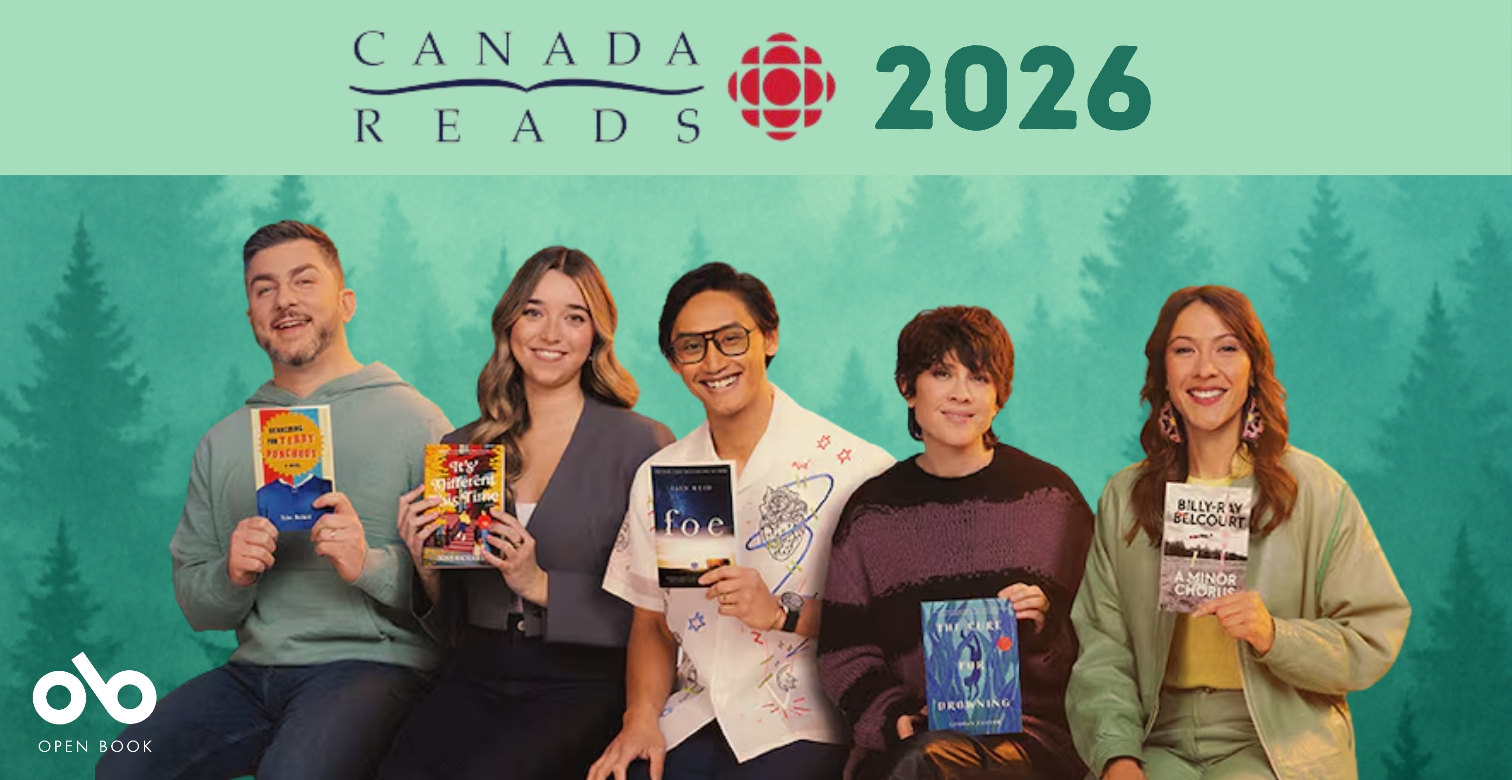 Five smiling people sit in front of a green forest backdrop, each holding a book featured in the CBC Canada Reads 2026 competition. The banner includes the Canada Reads logo with the CBC symbol and the year 2026 at the top.