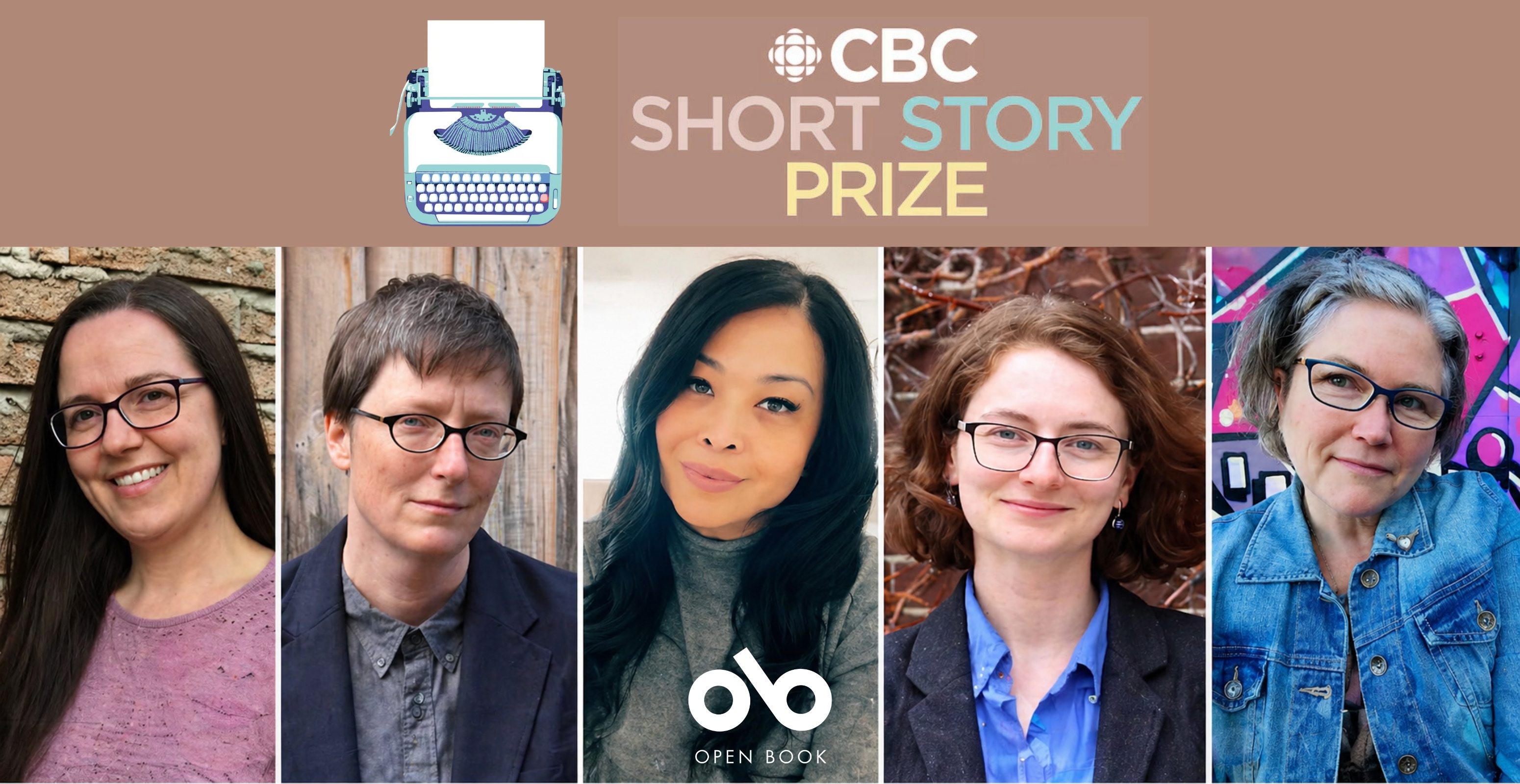 CBC Short Story Prize banner featuring a blue typewriter illustration and the CBC logo on a mauve background. Below are five author headshots arranged in a row: Amber Allen wearing glasses and a pink top, Kate Cayley in glasses and a dark blazer, Larah Luna with long dark hair (with Open Book logo overlay), Andy Stefan in glasses and a blue shirt with dark vest, and Carrie Mac wearing glasses and a denim jacket