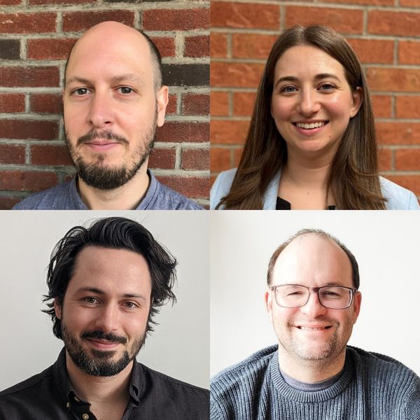 Chris Hurl, Elena Rowan, Marius Senneville, and Kevin Walby. A collage of four author portraits arranged in a grid. Top left: a person with a shaved head and short beard standing in front of a brick wall. Top right: a person with long brown hair smiling in front of a red brick wall. Bottom left: a person with dark wavy hair and a short beard smiling slightly against a light background. Bottom right: a person with short hair, glasses, and a light beard smiling in front of a plain white background.