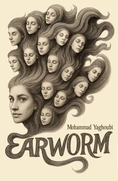 Earworm by Mohammad Yaghoubi. The illustration shows a woman’s face with long, flowing hair that transforms into multiple smaller faces emerging from the strands. The artwork is in detailed pencil-style shading on a beige background, with the title “EARWORM” in large, stylized letters at the bottom. Earworm by Mohammad Yaghoubi. The illustration shows a woman’s face with long, flowing hair that transforms into multiple smaller faces emerging from the strands. The artwork is in detailed pencil-style shading on a beige background, with the title “EARWORM” in large, stylized letters at the bottom.