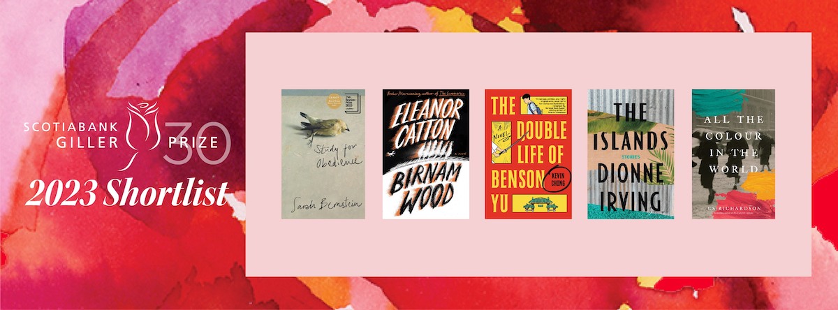 Banner image with abstract pink and red background and images of the five books nominated for the 2023 Scotiabank Giller Prize
