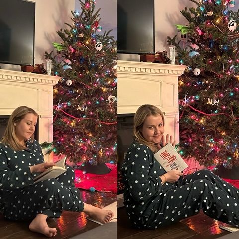 Two side by side photos of OBPO Executive Director Holly Kent in pajamas, reading in front of a Christmas tree