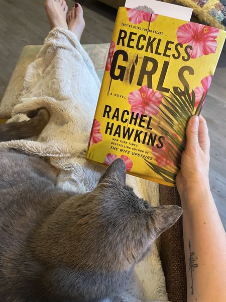Photo of author and columnist Vikki Vansickle's grey cat, with Vansickle's hand holding the book Reckless Girls by Rachel Hawkins