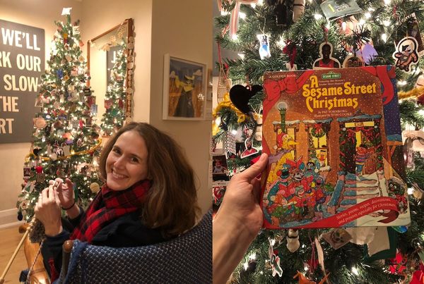side by side photos of columnist and writer Lindsay Zier-Vogel, one of her knitting by a Chritmas tree and the other a close up of her hand holding the book a Seasme Street Christmas in front of the Christmas tree