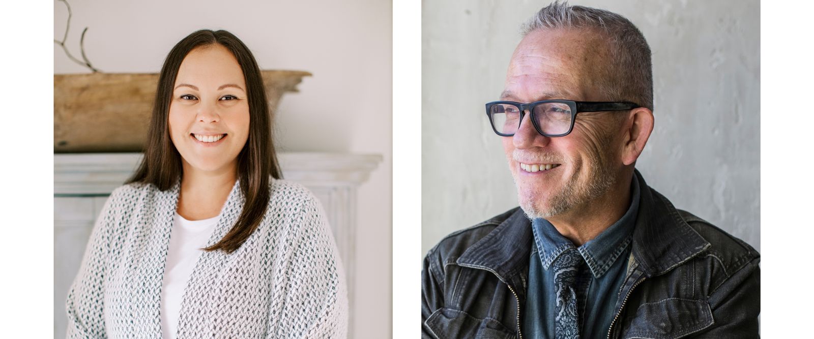 Lisa Frenette and August Swinson, author and illustrator of The Wandering Feather. Side-by-side portraits of two people. On the left, a woman with long straight brown hair smiles at the camera, wearing a white shirt and a light gray knitted cardigan, standing indoors in front of a light-colored wall and mantelpiece. On the right, a man with short gray hair, glasses, and a trimmed beard smiles while looking to the side, wearing a dark denim jacket over a blue shirt and patterned tie, with a light gray textured wall behind him.