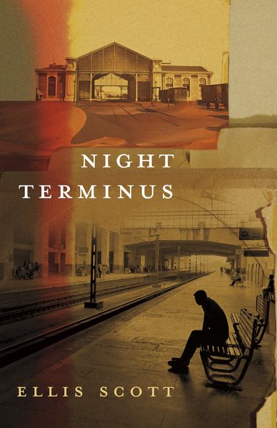 Book cover for Night Terminus by Ellis Scott. The design features a collage of warm sepia and amber tones. The top half shows an old train station building under a golden sky, while the bottom half depicts a nearly empty train platform with a lone person sitting on a bench, silhouetted against the light. The title “Night Terminus” appears in white uppercase letters across the center, and the author’s name, “Ellis Scott,” is at the bottom. Book cover for Night Terminus by Ellis Scott. The design features a collage of warm sepia and amber tones. The top half shows an old train station building under a golden sky, while the bottom half depicts a nearly empty train platform with a lone person sitting on a bench, silhouetted against the light. The title “Night Terminus” appears in white uppercase letters across the center, and the author’s name, “Ellis Scott,” is at the bottom.