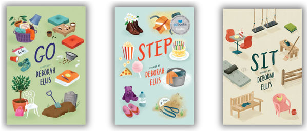 Three children's book covers from the ONWARD series by Deborah Ellis, displayed side by side against a soft neutral background. Each cover features a large title word in bold navy blue capitals, with "DEBORAH ELLIS" in smaller text below. The covers are illustrated with whimsical, flat-style drawings of everyday objects arranged in a scattered pattern. "GO" (left) shows items suggesting movement and growth: a potted plant, books, a purple laundry basket, a shovel, dirt, a white chair, and a blue backpack on a pale green background. "STEP" (center) displays cooking and celebration themes: a birthday cake with candles, popcorn, pizza, a pot, slippers, a purple dress, and kitchen items on a cream background with the red "STEP" prominently featured. "SIT" (right) presents domestic comfort: a wooden bench, a pink child's chair, a floor lamp, folded towels, a rug, and household objects on a pale beige background. All three covers share a cohesive illustrative style with soft shadows beneath each object, creating a playful, accessible aesthetic for young readers. Three children's book covers from the ONWARD series by Deborah Ellis, displayed side by side against a soft neutral background. Each cover features a large title word in bold navy blue capitals, with "DEBORAH ELLIS" in smaller text below. The covers are illustrated with whimsical, flat-style drawings of everyday objects arranged in a scattered pattern. "GO" (left) shows items suggesting movement and growth: a potted plant, books, a purple laundry basket, a shovel, dirt, a white chair, and a blue backpack on a pale green background. "STEP" (center) displays cooking and celebration themes: a birthday cake with candles, popcorn, pizza, a pot, slippers, a purple dress, and kitchen items on a cream background with the red "STEP" prominently featured. "SIT" (right) presents domestic comfort: a wooden bench, a pink child's chair, a floor lamp, folded towels, a rug, and household objects on a pale beige background. All three covers share a cohesive illustrative style with soft shadows beneath each object, creating a playful, accessible aesthetic for young readers.
