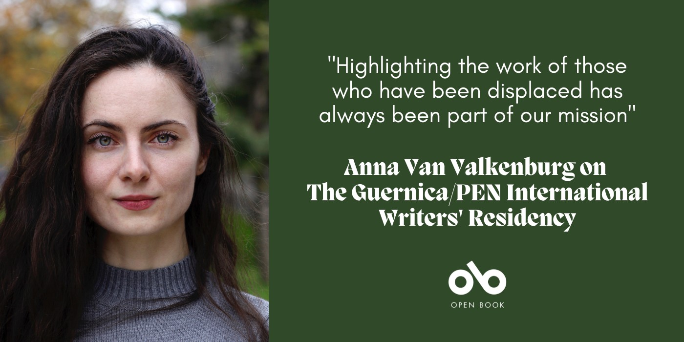 banner image with photo of Guernica Editions associate publisher Anna Van Valkenburg and the text Guernica/PEN International Writers Residency, Anna Van Valkenburg on  The Guernica/PEN International Writers' Residency