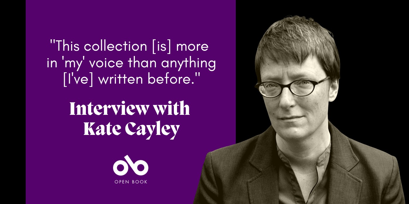 Banner image with photo of author Kate Cayley. White text on purple background reads "This collection [is] more  in 'my' voice than anything [I've] written before. Interview with Kate Cayley"