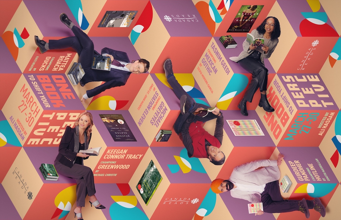 Graphic of the 2023 Canada Reads hosts sitting on three dimensional steps featuring their chosen books and the CBC logo