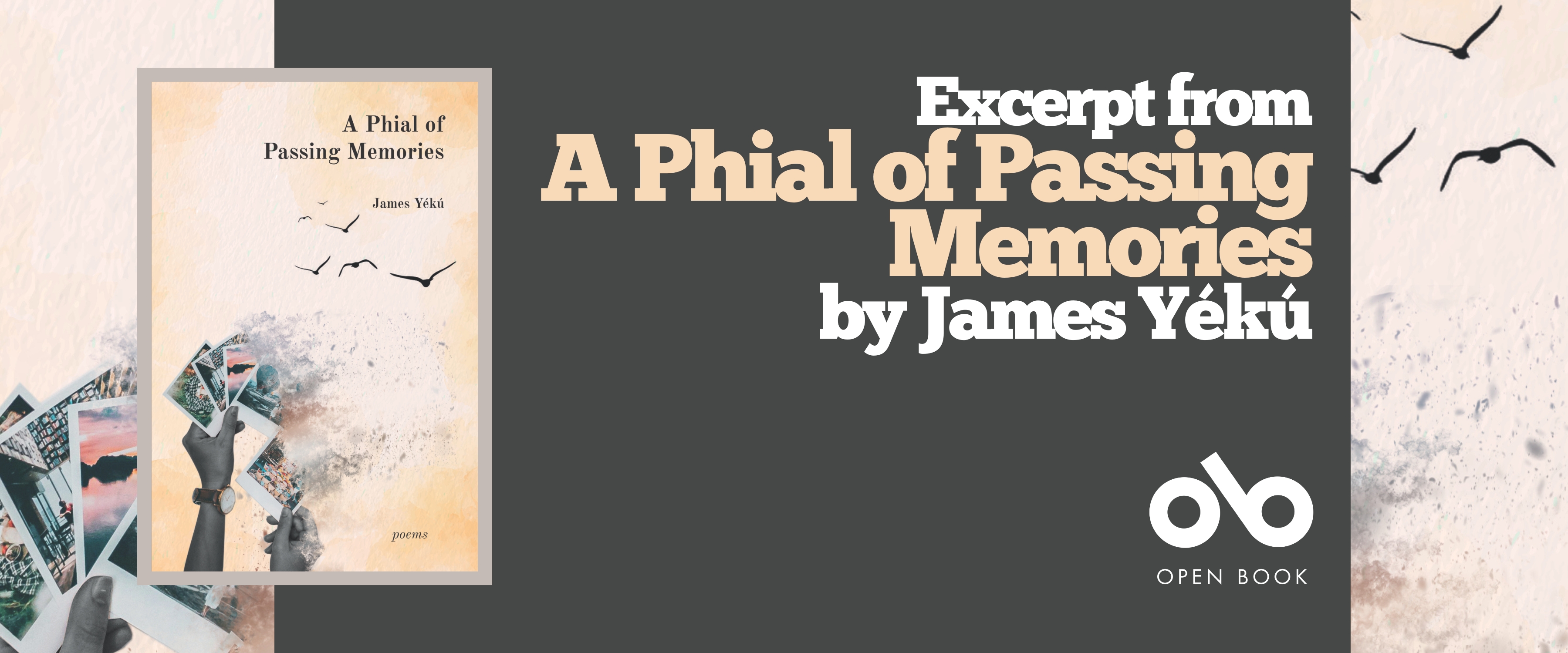 Excerpt from A Phial of Passing Memories by James Yékú  banner. Background image from cover of light yellow and tan sky with silhouette of birds flying to top right of image, and hand holding photographs as they disintegrate in the sky to lower left of banner. Full cover with full image to centre left and light grey border, solid darker green-grey section to centre with text and Open Book logo overlaid.