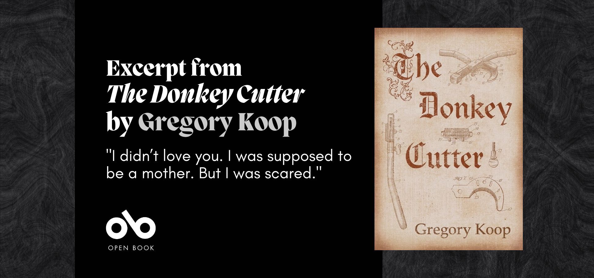 Black banner image with the cover from Gregory Koop's the Donkey Cutter and text reading "Excerpt from The Donkey Cutter by Gregory Koop. "I didn’t love you. I was supposed to be a mother. But I was scared.""