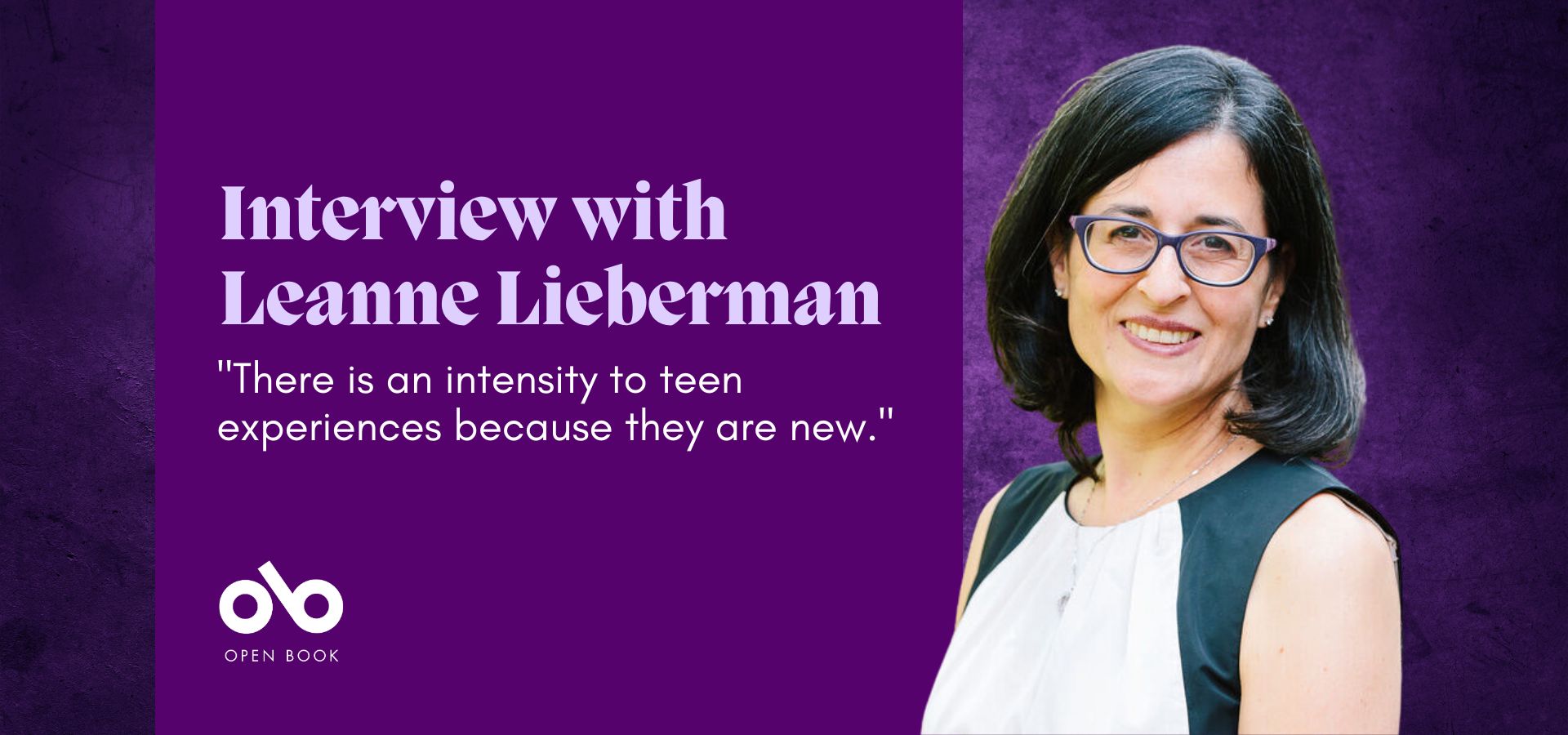 purple banner image with photo of author Leanne Lieberman