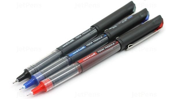 photo of three uni-ball vision needle micro point pens in black, blue, and red