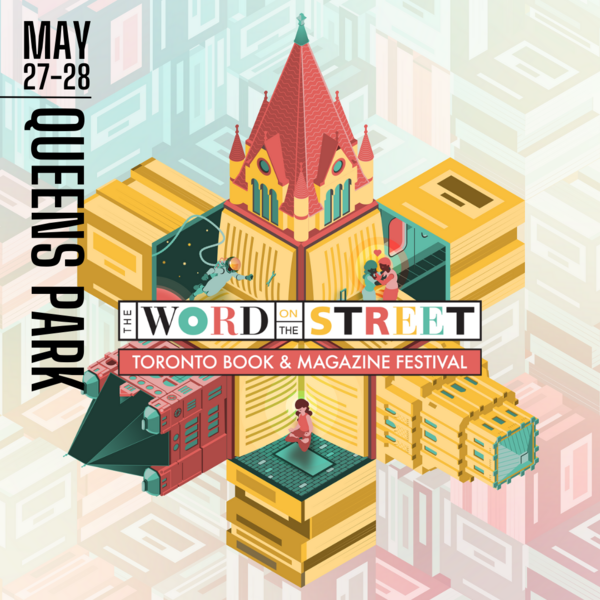 artwork for the Word on the Street 2023 festival, with graphics of books creating a geometric building