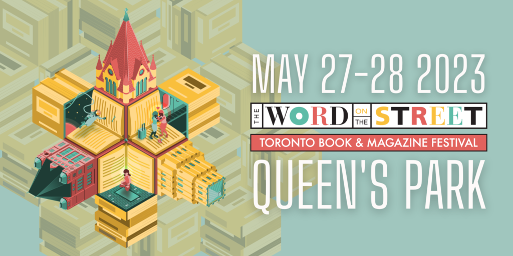 artwork for the Word on the Street 2023 festival, with graphics of books creating a geometric building