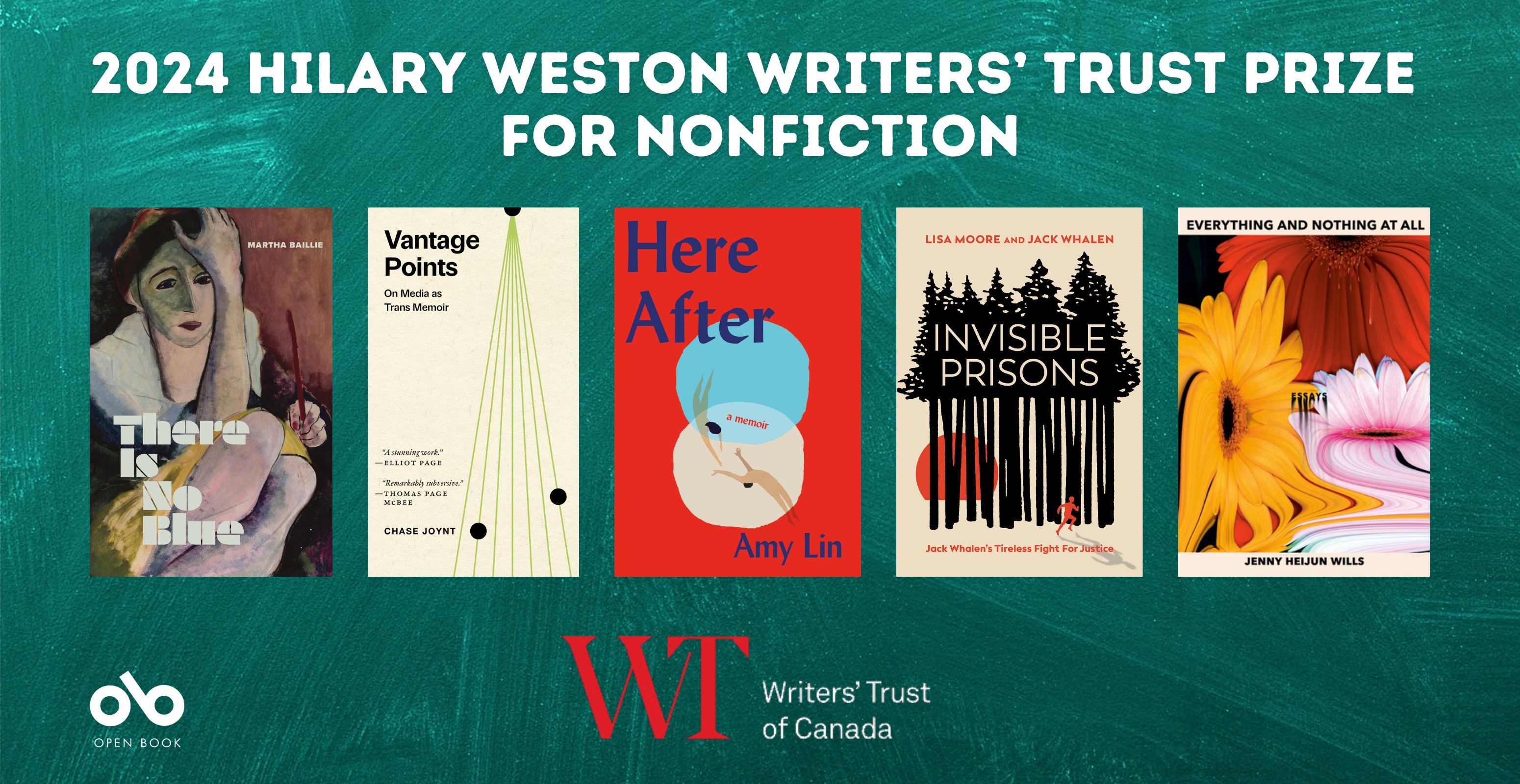 The 2024 Hilary Weston Writers' Trust Prize for Nonfiction Finalists Have Been Announced banner. Textured charcoal background with all five finalist books lined up horizontally at centre of image. Open Book logo to bottom left, and Writers' Trust logo to bottom-centre. Text at header above images of book covers.