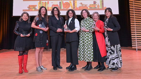 The 2025 Writers' Trust Award winners from left to right: Kim Thúy, Maria Reva, Leanne Betasamosake Simpson, Roza Nozari, Bren Simmers, Sheree Fitch and Laurie Martella (representing Julie Flett). (Tom Pandi/Writers' Trust) The 2025 Writers' Trust Award winners from left to right: Kim Thúy, Maria Reva, Leanne Betasamosake Simpson, Roza Nozari, Bren Simmers, Sheree Fitch and Laurie Martella (representing Julie Flett). (Tom Pandi/Writers' Trust)