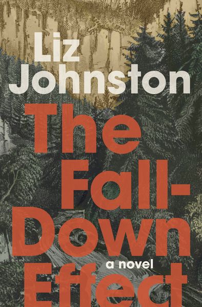 Book cover for The Fall-Down Effect by Liz Johnston. The background features an illustrated forest scene with tall evergreen trees and a rocky landscape in muted green and brown tones. The title appears in large bold red-orange letters stacked vertically, while the author’s name is in white text at the top. The subtitle “a novel” appears in small white text near the bottom.