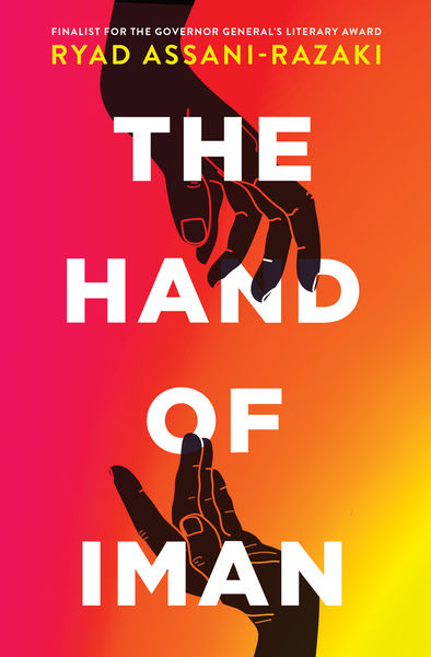 Alt text: Book cover for The Hand of Iman by Ryad Assani-Razaki. The design shows two illustrated black hands reaching toward each other against a vivid gradient background of pink, orange, and yellow. The title text appears in bold white letters across the center.