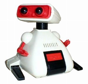 Red-and-white Tomy Dingbot robot