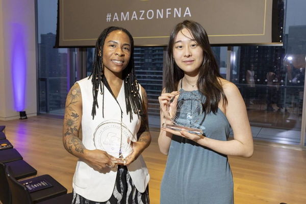 Vicky Zhu, Winner of the 2025 Amazon Youth Short Story Award, with First Novel Award Winner Valérie Bah