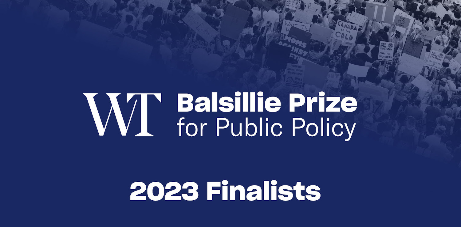 Blue banner image with Writers' Trust of Canada logo and text reading Bassillie Prize for Public Policy 2023 finailists