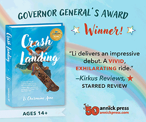 A rainbow background with a book in front of it. On the cover of the book is a teenager on a skateboard, with the words 'Crash Landing!' around them. 