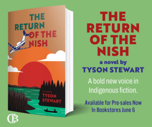 Book cover for "The Return of the Nish" by Tyson Stewart features a stylized sunset and airplane with the text highlighting Indigenous fiction pre-sales.