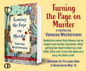 Book cover of 'Turning the Page on Murder' by Vanessa Westermann. Features a whimsical illustration of a town. Text highlights its mystery genre.