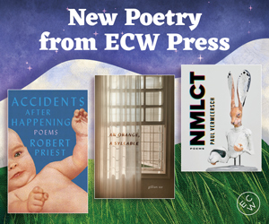 A square image of a purple, white, and green background. At the top of the image, the words "New Poetry from ECW Press" are in a bold, white text. Beneath the text are the covers for three poetry books: "Accidents After Happening," "An Orange, A Syllable," and "NMLCT."