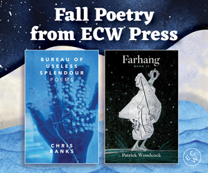 Promotional graphic for ECW Press featuring two poetry book covers: "Bureau of Useless Splendour Poems" on the left and "Farhang, Book 1" on the right, with a starry background and the text "Fall Poetry from ECW Press" at the top.