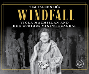 The cover of the book "Windfall" by Tim Falconer. The book title is above a black-and-white archival photograph of prospector Viola MacMillan.